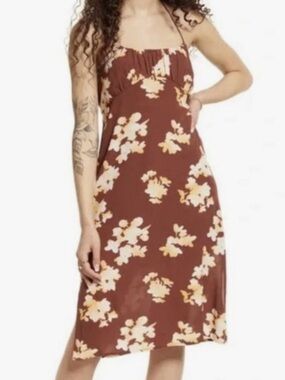 BP Urban Outfitters Brown Floral Halter Midi Dress with Cream Blossoms